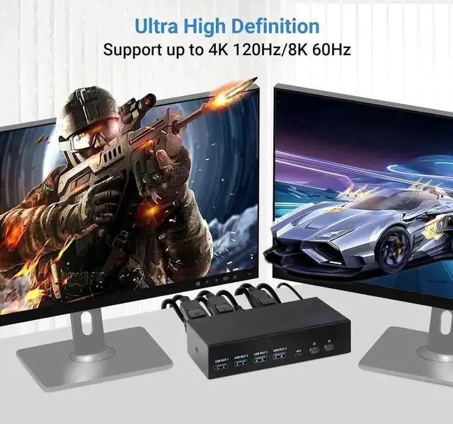 Alt view image 4 of 7 - Vszerda 2PC Hybrid DP1.4 + HDMI2.1 Dual Monitor USB3.0 KVM Switch, 8K@60Hz/4K@120Hz, Support Extended & Mirrored Modes, Desktop Controller & Full HDMI/DP/USB Cables Included
