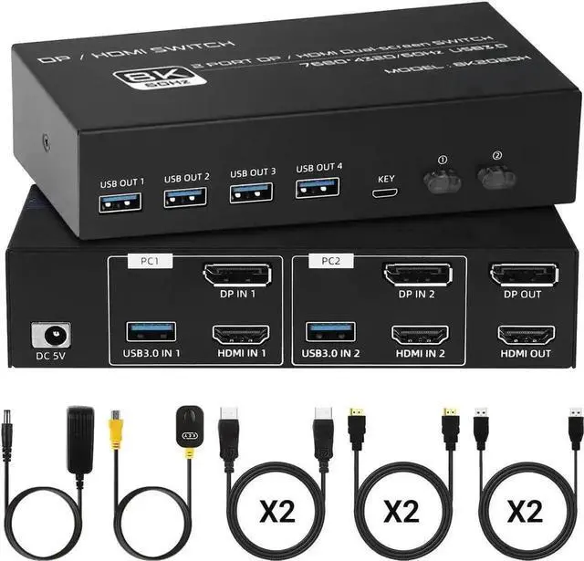 Alt view image 6 of 7 - Vszerda 2PC Hybrid DP1.4 + HDMI2.1 Dual Monitor USB3.0 KVM Switch, 8K@60Hz/4K@120Hz, Support Extended & Mirrored Modes, Desktop Controller & Full HDMI/DP/USB Cables Included