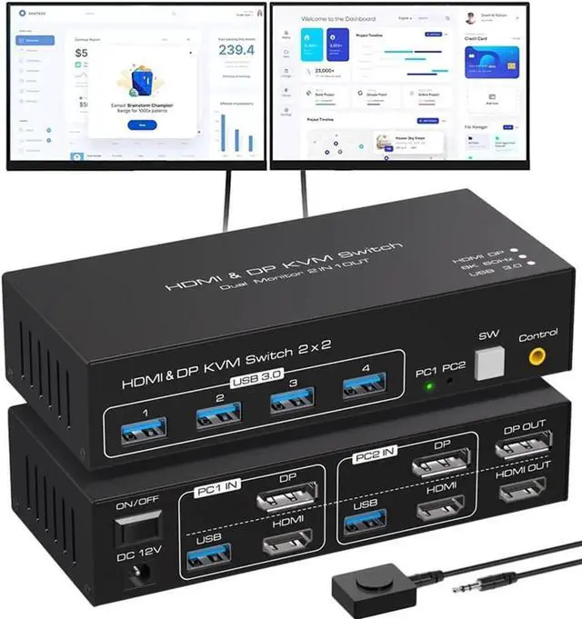 Main image of Vszerda 2x2 Dual Monitor DP+HDMI KVM Switch 8K@60Hz 4K@120Hz, USB 3.0 KVM Switcher with 4 USB 3.0 Ports, Mirror & Extended Display Modes for 2 PCs Share 2 Displays