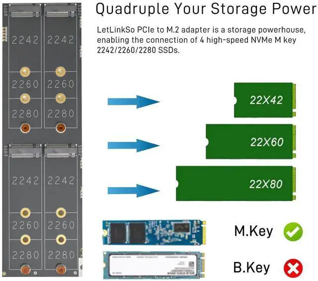 Alt view image 2 of 7 - Vszerda 4 Slots PCIe 5.0 x16 M.2 NVMe Expansion Card, M-Key Interface, Compatible with 2242/2260/2280 SSD