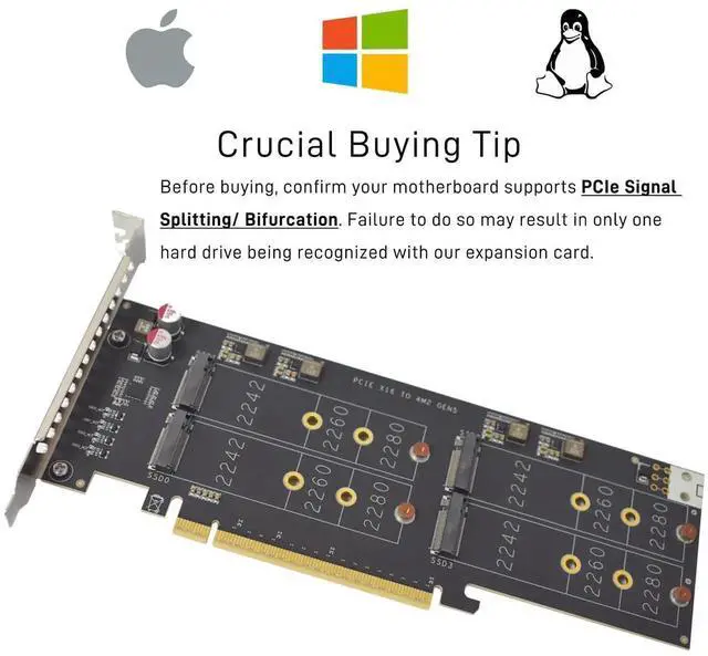 Alt view image 4 of 7 - Vszerda 4 Slots PCIe 5.0 x16 M.2 NVMe Expansion Card, M-Key Interface, Compatible with 2242/2260/2280 SSD
