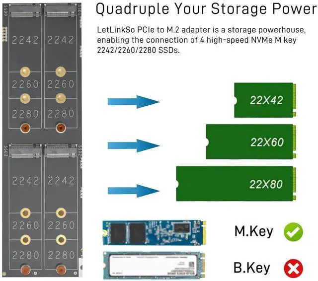 Alt view image 5 of 7 - Vszerda 4-Bay PCIe 5.0 M.2 NVMe Expansion Card, Supports M-Key SSD 2242/2260/2280