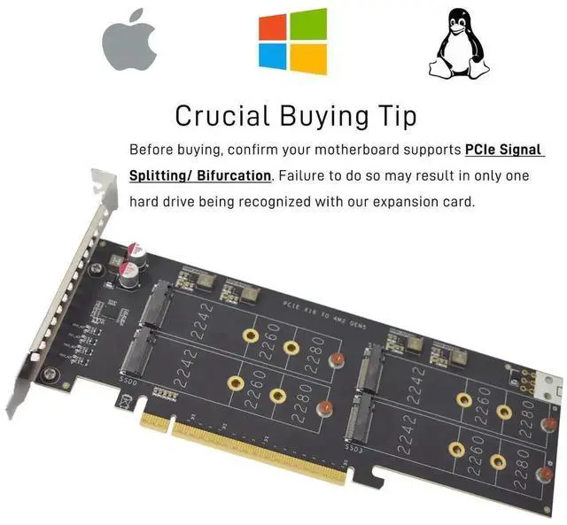 Alt view image 4 of 7 - Vszerda 4-Bay PCIe 5.0 M.2 NVMe Expansion Card, Supports M-Key SSD 2242/2260/2280