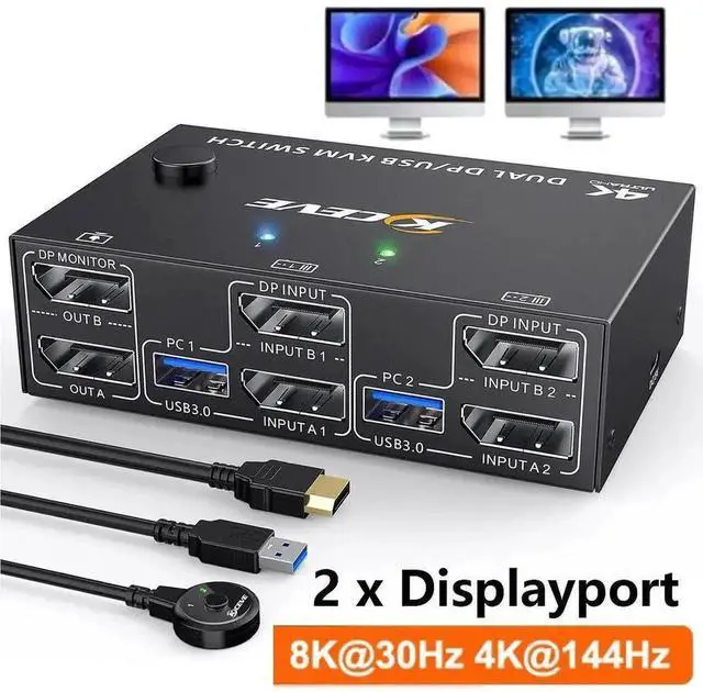 Main image of Vszerda 2 Port DP 1.4 Dual Monitor USB 3.0 KVM Switch, 8K@30Hz & 4K@144Hz, 4 USB3.0 Ports, Wired Remote & 4 Cables Included for 2 PCs Sharing 2 Monitors