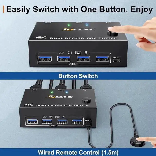 Alt view image 3 of 7 - Vszerda 2 Port DP 1.4 Dual Monitor USB 3.0 KVM Switch, 8K@30Hz & 4K@144Hz, 4 USB3.0 Ports, Wired Remote & 4 Cables Included for 2 PCs Sharing 2 Monitors