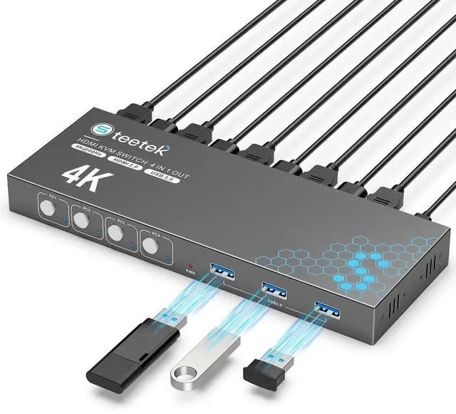 Main image of Vszerda 4 Port USB 3.0 HDMI KVM Switch 4K@60Hz EDID Adaptive, 4 PCs Share 1 Monitor Keyboard Mouse Printer HDD, with 1 HDMI & 4 USB Cables