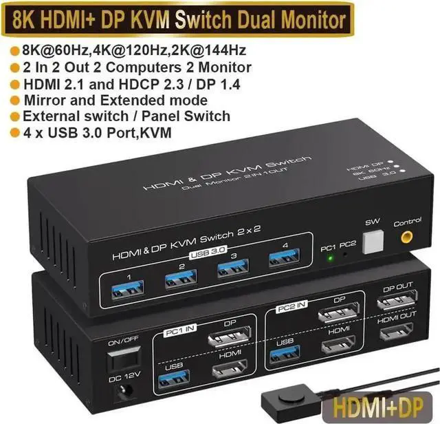Main image of Vszerda 2 Port Dual Monitor HDMI+DP KVM Switch 8K@60Hz, 2 PCs Share 2 Screens, 4 USB 3.0 Ports, Copy Extended Display & Desktop Button Control
