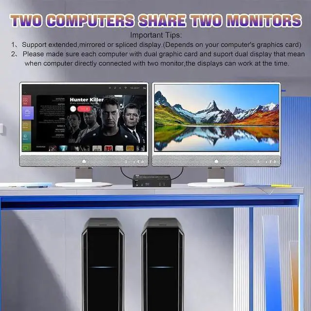 Alt view image 6 of 7 - Vszerda 2 Port DP 1.4 Dual Monitor USB 3.0 KVM Switch 8K@60Hz, Separate Audio & Mic Jacks, 3 USB3.0 Ports, Wired Remote & 2 USB Cables Included