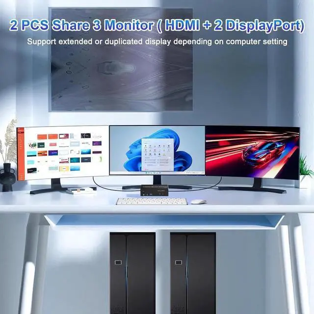 Alt view image 3 of 7 - Vszerda 2 PCs Triple Monitor HDMI+2DP KVM Switch 4K@60Hz USB 3.0, Audio & Mic Jack, 3 USB 3.0 Ports for Sharing Keyboard Mouse & 3 Displays
