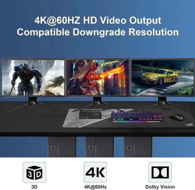 Alt view image 4 of 7 - Vszerda 2 PCs Triple Monitor HDMI+2DP KVM Switch 4K@60Hz USB 3.0, Audio & Mic Jack, 3 USB 3.0 Ports for Sharing Keyboard Mouse & 3 Displays