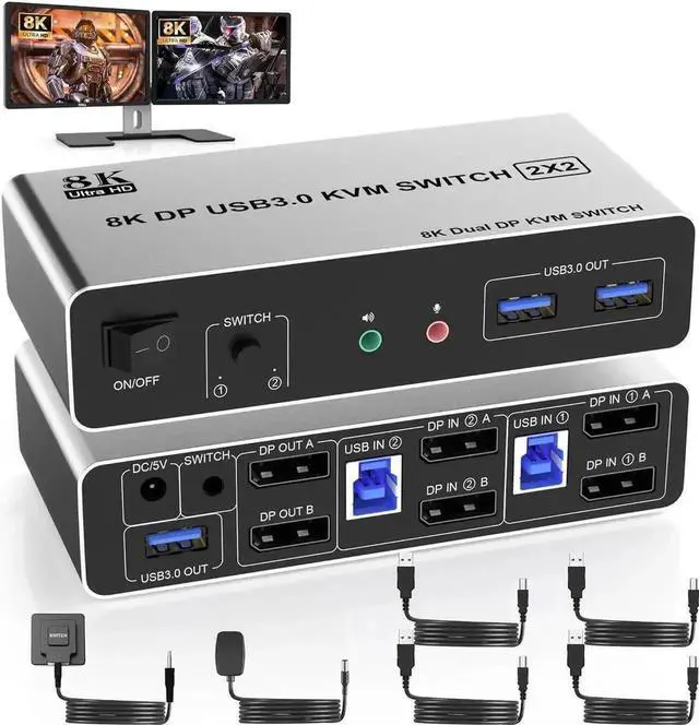 Main image of Vszerda 2 Port Dual Monitor DP KVM Switch 2 In 2 Out, 8K@60Hz USB3.0 KVM Switcher with Audio & Mic, 3 USB 3.0 Ports for 2 PCs Share 2 Displays Keyboard Mouse