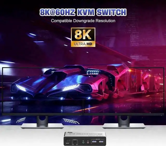 Alt view image 2 of 7 - Vszerda 2 Port Dual Monitor DP KVM Switch 2 In 2 Out, 8K@60Hz USB3.0 KVM Switcher with Audio & Mic, 3 USB 3.0 Ports for 2 PCs Share 2 Displays Keyboard Mouse