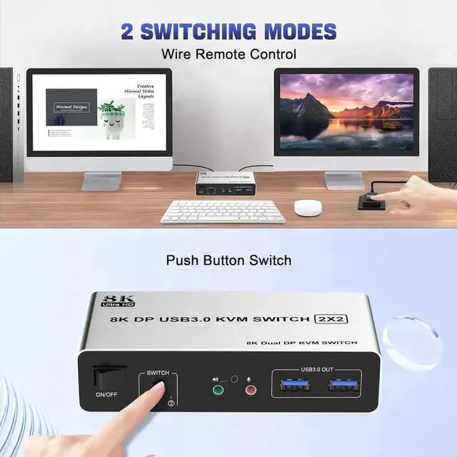 Alt view image 7 of 7 - Vszerda 2 Port Dual Monitor DP KVM Switch 2 In 2 Out, 8K@60Hz USB3.0 KVM Switcher with Audio & Mic, 3 USB 3.0 Ports for 2 PCs Share 2 Displays Keyboard Mouse