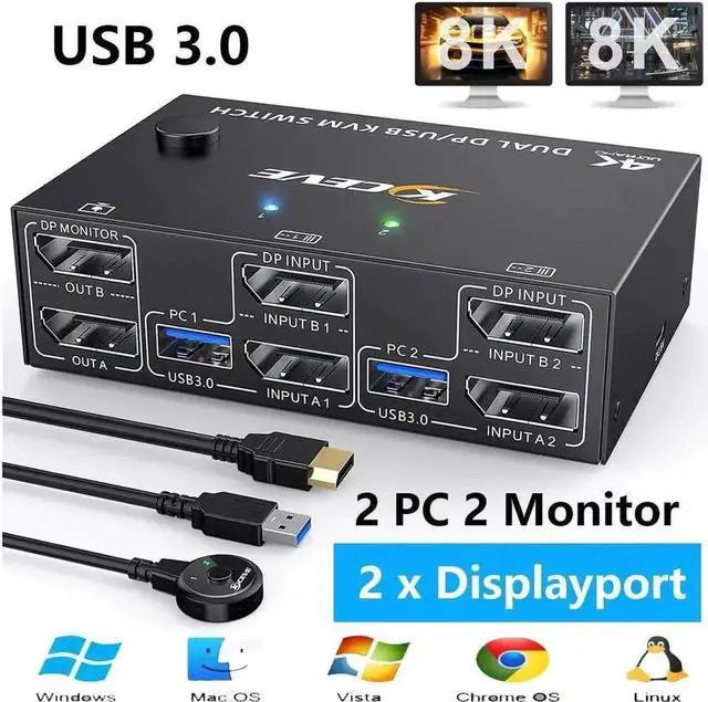 Main image of Vszerda 2×2 DP 1.4 Dual Monitor USB 3.0 KVM Switch, 8K@30Hz / 4K@144Hz, 4 USB3.0 Ports, Wired Remote & 4 Cables Included for 2 PCs Sharing 2 Monitors