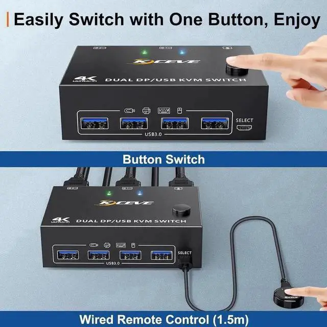 Alt view image 2 of 7 - Vszerda 2×2 DP 1.4 Dual Monitor USB 3.0 KVM Switch, 8K@30Hz / 4K@144Hz, 4 USB3.0 Ports, Wired Remote & 4 Cables Included for 2 PCs Sharing 2 Monitors