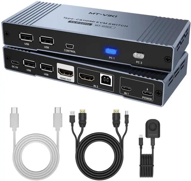 Main image of Vszerda MT-VIKI 2-Port Hybrid USB-C HDMI KVM Switch 4K@60Hz, 65W PD Charging, Compatible with MacBook & Desktop PC, Complete Cables Included