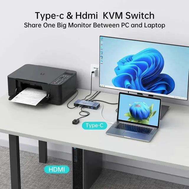 Alt view image 5 of 7 - Vszerda MT-VIKI 2-Port Hybrid USB-C HDMI KVM Switch 4K@60Hz, 65W PD Charging, Compatible with MacBook & Desktop PC, Complete Cables Included