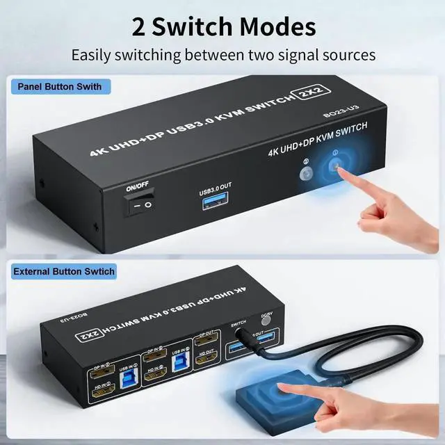 Alt view image 2 of 7 - Vszerda 2-Port HDMI+DP Dual Monitor KVM Switch 4K@60Hz, 3 USB3.0 Ports, Wired Switch Button & 2 USB Cables Included