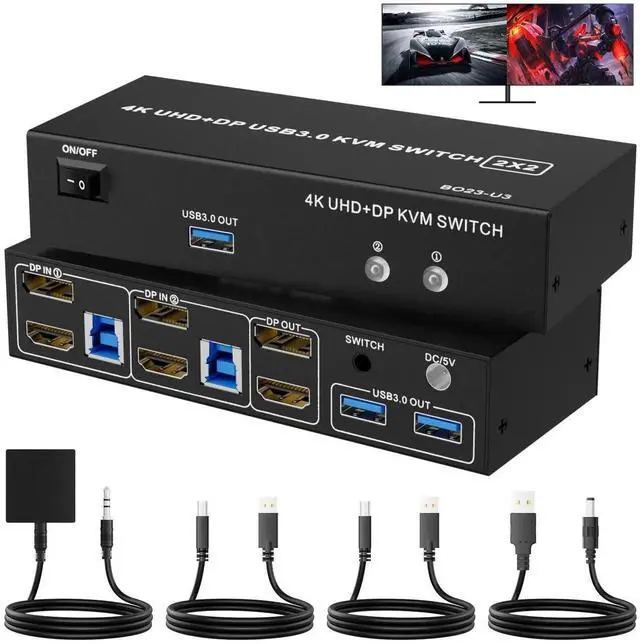 Main image of Vszerda 2-Port HDMI+DP Dual Monitor KVM Switch 4K@60Hz, 3 USB3.0 Ports, Wired Switch Button & 2 USB Cables Included
