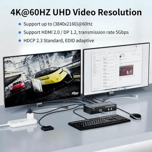 Alt view image 7 of 7 - Vszerda 2-Port HDMI+DP Dual Monitor KVM Switch 4K@60Hz, 3 USB3.0 Ports, Wired Switch Button & 2 USB Cables Included