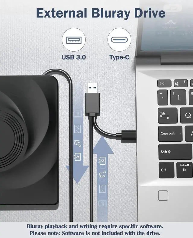 Alt view image 2 of 4 - Vszerda Portable External Blu Ray Burner USB3.0 Type-C Slim BD DVD CD RW Optical Drive for Windows Mac OS Linux Laptop Desktop PC