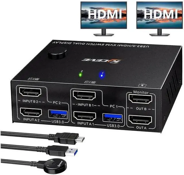 Main image of Vszerda 2-Port Dual Monitor HDMI USB 3.0 KVM Switch 4K@60Hz with EDID Emulator & Wired Remote, 2 PCs Share 2 Monitors & 4 USB3.0 Devices