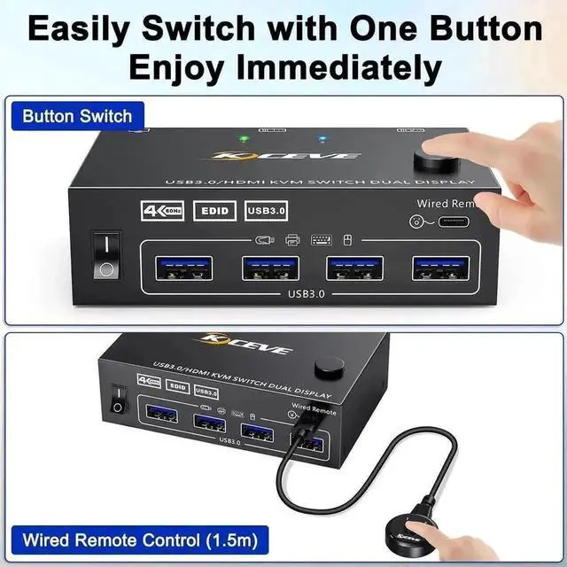 Alt view image 7 of 7 - Vszerda 2-Port Dual Monitor HDMI USB 3.0 KVM Switch 4K@60Hz with EDID Emulator & Wired Remote, 2 PCs Share 2 Monitors & 4 USB3.0 Devices