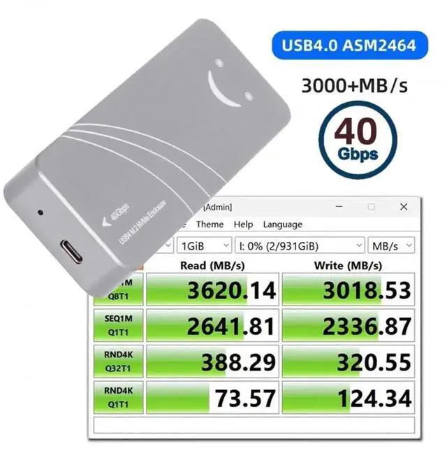 Alt view image 7 of 7 - Vszerda USB4 40Gbps M-Key NVMe SSD Enclosure with ASM2464 Chip, PCIe 4.0 x4, USB-C 20Gbps Backward Compatible
