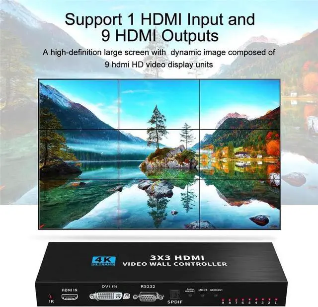 Alt view image 7 of 7 - Vszerda 1080P 3x3 HDMI Video Wall Controller, 9 Output Splicing Processor, Multi Modes 1x1/1x2/1x3/1x4/2x1/2x2/2x3/2x4/3x1/3x2/3x3/4x1/4x2 for TV Splicing Display Wall