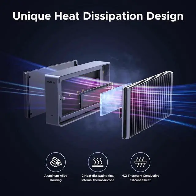 Alt view image 6 of 7 - Vszerda UGREEN 40Gbps Aluminum M.2 NVMe Enclosure, Double-Sided Cooling Fin, Thunderbolt 4/3 USB4 Compatible for Mac M1/M2