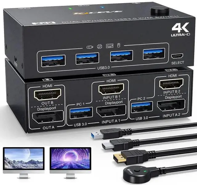 Alt view image 8 of 14 - 2PC Hybrid DP+HDMI Dual Monitor USB3.0 KVM Switch, 4K@60Hz/2K@120Hz, 4 USB3.0 Ports, Wired Remote & Full HDMI/DP/USB Cables Included