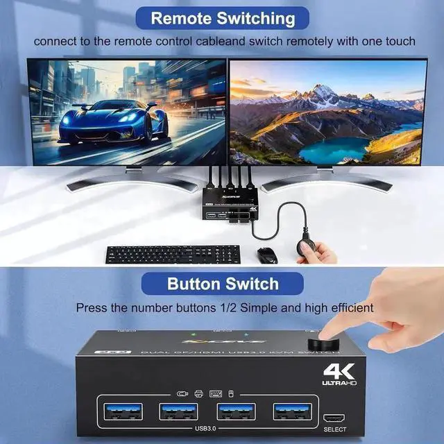 Alt view image 14 of 14 - 2PC Hybrid DP+HDMI Dual Monitor USB3.0 KVM Switch, 4K@60Hz/2K@120Hz, 4 USB3.0 Ports, Wired Remote & Full HDMI/DP/USB Cables Included