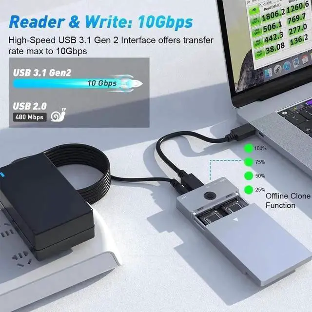 Alt view image 6 of 7 - Vszerda Dual-Bay Offline Clone M.2 NVMe Docking Station, 10Gbps USB-A & USB-C SSD Duplicator Enclosure for M-Key NVMe SSDs, Supports 2230/2242/2260/2280, Each Bay Max 8TB