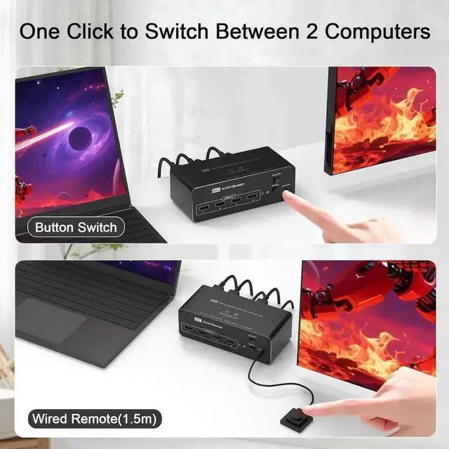Alt view image 2 of 7 - Vszerda 2 Port Dual Monitor DP USB3.0 KVM Switch 8K@60Hz/4K@144Hz, 4 USB3.0 Ports, Support Extended & Mirrored Modes, Remote Controller & USB Cables Included for 2 PCs