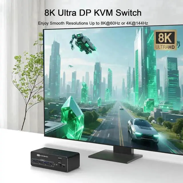 Alt view image 3 of 7 - Vszerda 2 Port Dual Monitor DP USB3.0 KVM Switch 8K@60Hz/4K@144Hz, 4 USB3.0 Ports, Support Extended & Mirrored Modes, Remote Controller & USB Cables Included for 2 PCs