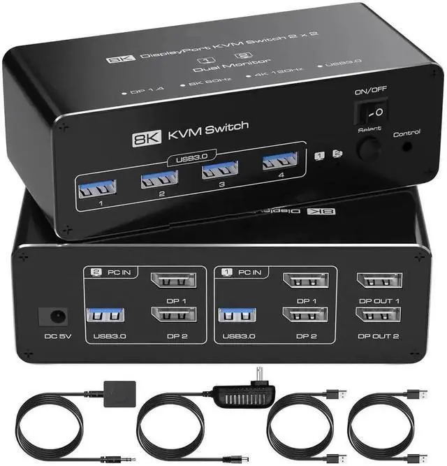 Main image of Vszerda 2 Port Dual Monitor DP USB3.0 KVM Switch 8K@60Hz/4K@144Hz, 4 USB3.0 Ports, Support Extended & Mirrored Modes, Remote Controller & USB Cables Included for 2 PCs