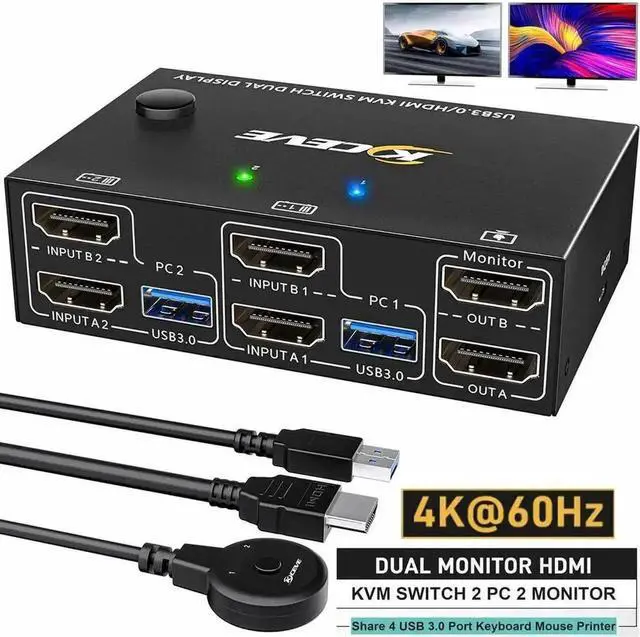 Main image of Vszerda 2 In 2 Out Dual Monitor USB 3.0 HDMI KVM Switch 4K@60Hz with EDID & Wired Remote, 2 PCs Share 2 Monitors, Keyboard, Mouse, Printer & Scanner