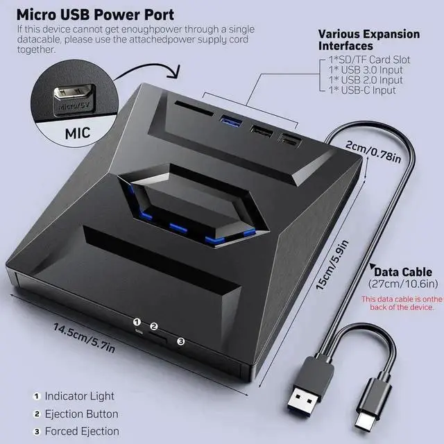 Alt view image 3 of 7 - Vszerda 5 in 1 External Blu Ray Drive USB3.0 Type-C Optical Burner with SD TF Card Reader, BD DVD CD RW Reader Writer Compatible with Windows Linux Mac OS Laptop Desktop PC