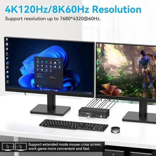 Alt view image 6 of 7 - Vszerda 2-Port HDMI+DP Dual Monitor KVM Switch, 8K@60Hz 4K@120Hz, 4 USB3.0 Ports, External Wired Controller & 2 USB Cables Included
