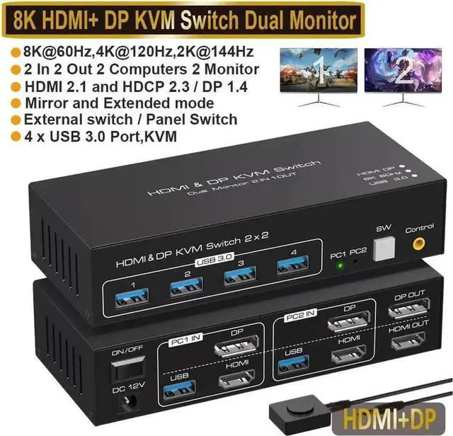 Main image of Vszerda 2-Port HDMI+DP Dual Monitor KVM Switch, 8K@60Hz 4K@120Hz, 4 USB3.0 Ports, External Wired Controller & 2 USB Cables Included