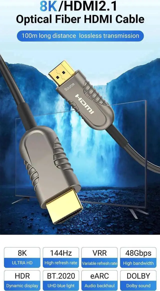 Alt view image 2 of 6 - Vszerda 8K@60Hz Fiber Optic HDMI Cable 100 ft / 30m - Supporting 8K@60Hz 7680x4320, 4K@120Hz) eARC HDR10 HDCP 2.2 & 2.3 3D - Designed for Xbox, Compatible with PS5, Apple TV, PC 100 ft.