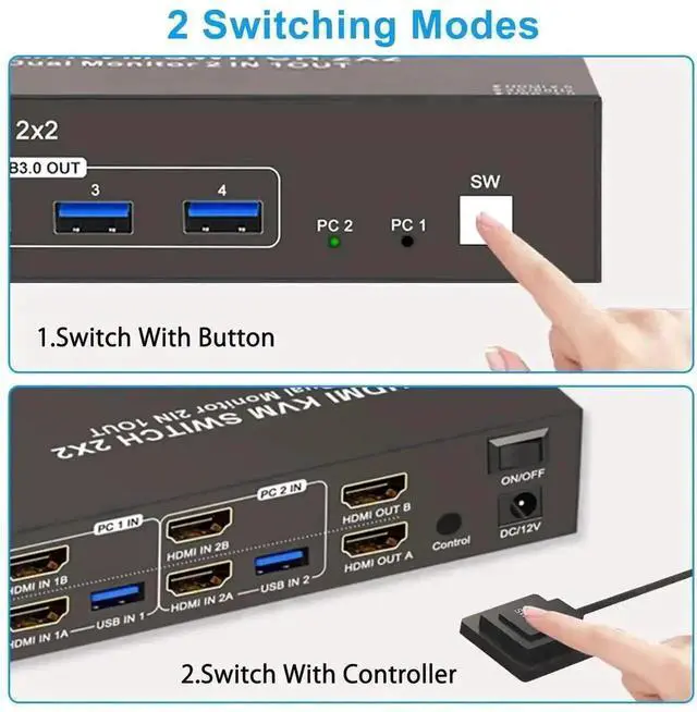Alt view image 2 of 7 - WRIARICH 2 Port 2×2 Dual Monitor HDMI USB 3.0 KVM Switch 4K@60Hz, 4 USB Ports, Support Extended & Mirrored Display Modes for 2 PCs
