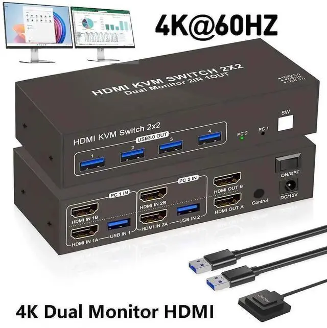 Main image of WRIARICH 2 Port 2×2 Dual Monitor HDMI USB 3.0 KVM Switch 4K@60Hz, 4 USB Ports, Support Extended & Mirrored Display Modes for 2 PCs