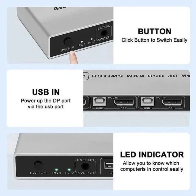 Alt view image 4 of 6 - Vszerda 2 Port 2 In 1 Out DP 1.4 KVM Switch 4K@60Hz, USB Sharing for Keyboard, Mouse & Printer, USB Power Cable Included