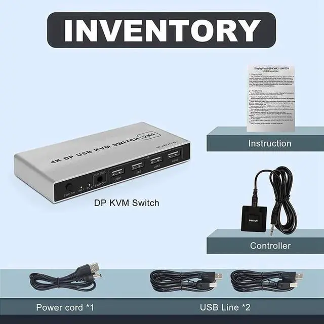 Alt view image 5 of 6 - Vszerda 2 Port 2 In 1 Out DP 1.4 KVM Switch 4K@60Hz, USB Sharing for Keyboard, Mouse & Printer, USB Power Cable Included
