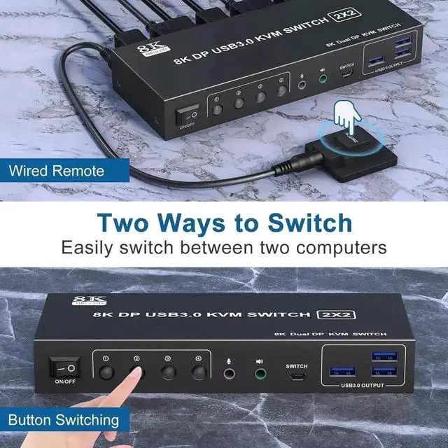 Alt view image 7 of 7 - Vszerda 2 Port Dual Monitor DP USB3.0 KVM Switch 8K@60Hz/4K@144Hz, 3.5mm Audio Jack, 3 USB3.0 Ports & Wired Remote for 2 PCs