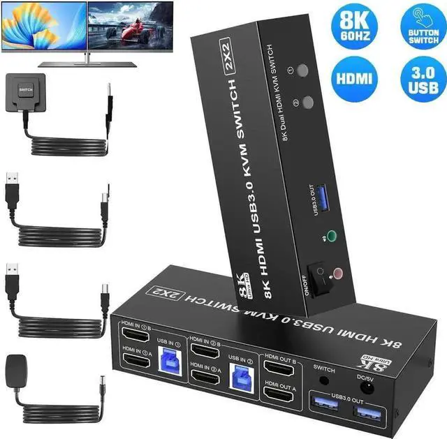 Main image of Vszerda 2 Port Dual Monitor HDMI USB3.0 KVM Switch 8K@60Hz, With Audio & Mic, 3 USB3.0 Ports for 2 PCs