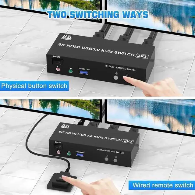 Alt view image 2 of 7 - Vszerda 2 Port Dual Monitor HDMI USB3.0 KVM Switch 8K@60Hz, With Audio & Mic, 3 USB3.0 Ports for 2 PCs