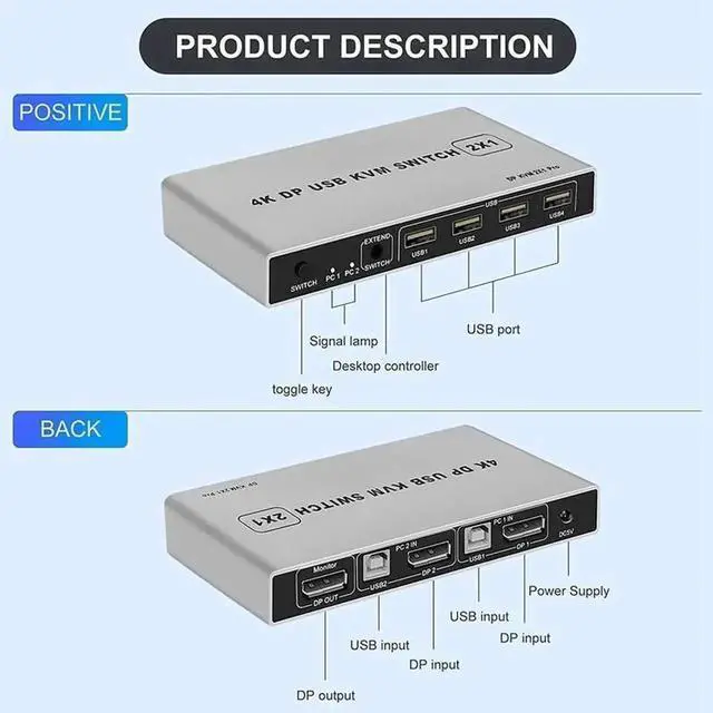 Alt view image 6 of 6 - Vszerda 2 Port DP 1.4 KVM Switch 2 In 1 Out 4K@60Hz, USB Sharing for Keyboard Mouse Printer, USB Power Cable Included
