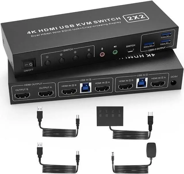 Main image of Vszerda 2 Port Dual Monitor HDMI KVM Switch 4K@60Hz USB 3.0, Cross Display Supported, with 3 USB 3.0 Ports & Audio Jack for 2 PCs Share 2 Displays